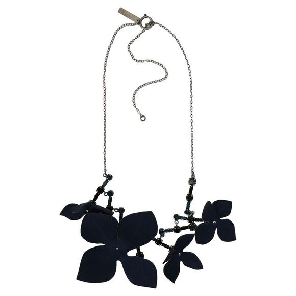 Marni Floral and Rhinestone Embellished Necklace in Blue Cotton and Brass - Picture 1 of 4